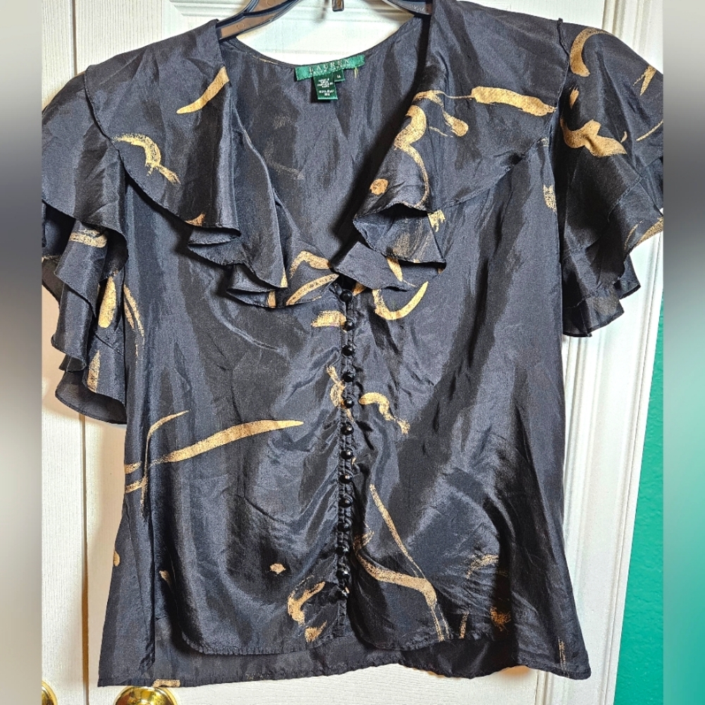Lauren Ralph Lauren Black and Gold Ruffle Blouse